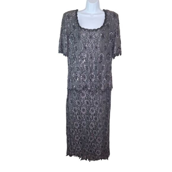 Scala Vintage Gray Beaded Floral Lace Sheath Formal Maxi Dress Gown Size 1x - Picture 1 of 15